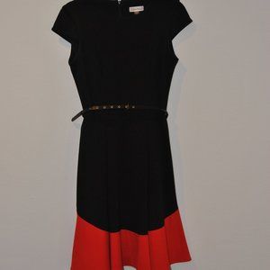 Calvin Klein Fit & Flare Cap Sleeve Belted Dress Red & Black Size 4